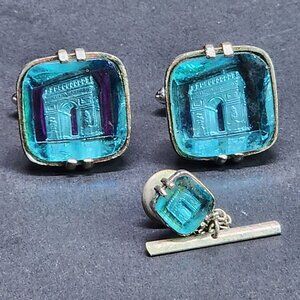 Vintage Swank Cufflinks Arc De Triomphe Aqua Blue Silver-tone SET